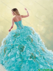 Detachable Luxurious Brush Train Sweetheart Detachable Quinceanera Dresses in Aqua Blue