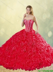 New Style Brush Train Rolling Flowers Detachable Quinceanera Dresses in Red