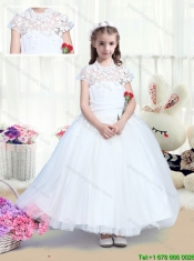 Simple High Neck Appliques Little Girl Dress with Tea Length