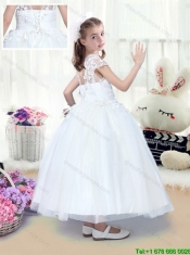 Simple High Neck Appliques Little Girl Dress with Tea Length