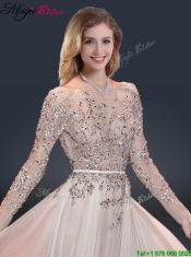 2016 Cheap Brush Train Champagne Prom Dresses with Beading