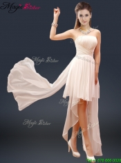 2016 Cheap Champagne Asymmetrical Prom Dresses with Ruching