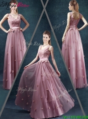 2016 Classical V Neck Prom Dresses with Appliques and Belt