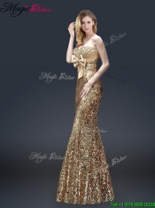 2016 Column Sequins Prom Dresses with Bowknot in Gold