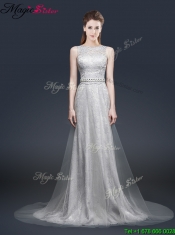 2016 Elegant Empire Bateau Prom Dresses with Brush Train