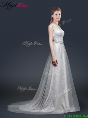 2016 Elegant Empire Bateau Prom Dresses with Brush Train