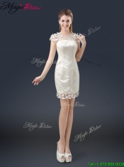 2016 Elegant Mini Length Cap Sleeves Prom Dresses with Appliques