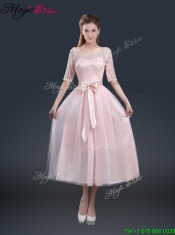 2016 Elegant Tea Length Prom Dresses with Lace and Bowknot