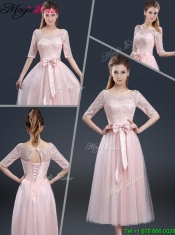 2016 Elegant Tea Length Prom Dresses with Lace and Bowknot