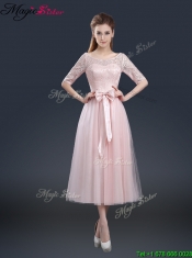 2016 Elegant Tea Length Prom Dresses with Lace and Bowknot