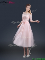 2016 Elegant Tea Length Prom Dresses with Lace and Bowknot
