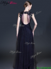 2016 Fashionable V Neck Paillette Prom Dresses in Navy Blue