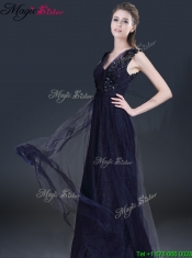 2016 Fashionable V Neck Paillette Prom Dresses in Navy Blue