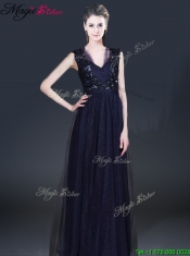 2016 Fashionable V Neck Paillette Prom Dresses in Navy Blue