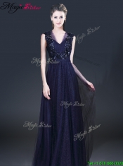2016 Fashionable V Neck Paillette Prom Dresses in Navy Blue