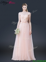 2016 Lovely Empire Bateau Prom Dresses with Appliques and Bowkno