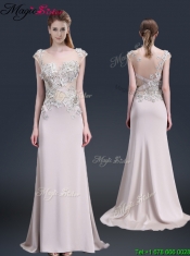 2016 Luxurious Brush Train Cap Sleeves Prom Dresses with Appliques
