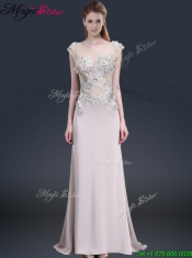 2016 Luxurious Brush Train Cap Sleeves Prom Dresses with Appliques