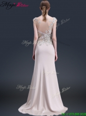 2016 Luxurious Brush Train Cap Sleeves Prom Dresses with Appliques