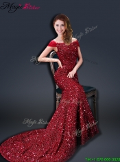 2016 Mermaid Off the Shoulder Sequins Prom Dresses in Wine Red