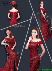 2016 Mermaid Off the Shoulder Sequins Prom Dresses in Wine Red