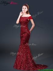 2016 Mermaid Off the Shoulder Sequins Prom Dresses in Wine Red