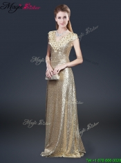 2016 Perfect V Neck Sequins Prom Dresses in Champagne