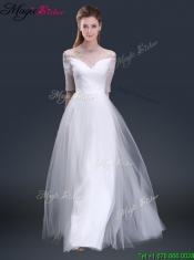 2016 Popular Off the Shoulder Half Sleeves Prom Dresses with Beading