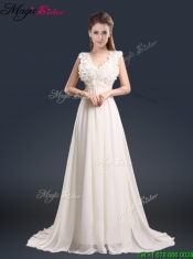 2016 Pretty V Neck Empire Prom Dresses with Appliques