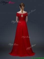 2016 Simple Off the Shoulder Short Sleeves Red Prom Dresses with Appliques