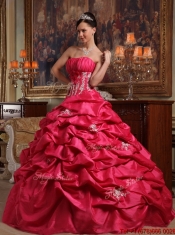 2016 Classical Coral Red Strapless Quinceanera Gowns with Appliques