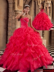 Elegant Coral Red Sweetheart Quinceanera Gowns with Beading