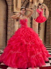 Elegant Coral Red Sweetheart Quinceanera Gowns with Beading