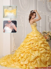 Pretty Court Train Quinceanera Gowns with Pick Ups and Appliques