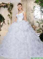 2016 Elegant Brush Train Straps Quinceanera Dresses with Beading and Ruffles