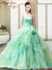 2016 New Strapless Brush Train Quinceanera Dresses with Hand Made Flowers