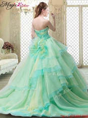 2016 New Strapless Brush Train Quinceanera Dresses with Hand Made Flowers