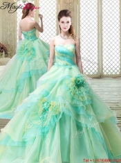 2016 New Strapless Brush Train Quinceanera Dresses with Hand Made Flowers