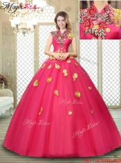Beautiful High Neck Cap Sleeves Discount Quinceanera Dresses with Appliques