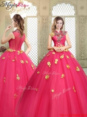 Beautiful High Neck Cap Sleeves Discount Quinceanera Dresses with Appliques