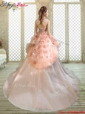 Beautiful Scoop Court Train Quinceanera Dresses with Hand Made Flowers