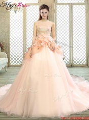 Beautiful Scoop Court Train Quinceanera Dresses with Hand Made Flowers