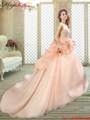 Beautiful Scoop Court Train Quinceanera Dresses with Hand Made Flowers