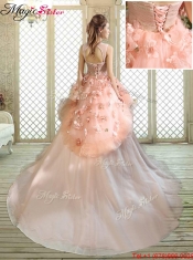 Beautiful Scoop Court Train Quinceanera Dresses with Hand Made Flowers