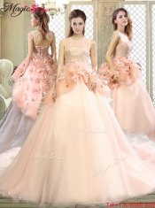 Beautiful Scoop Court Train Quinceanera Dresses with Hand Made Flowers