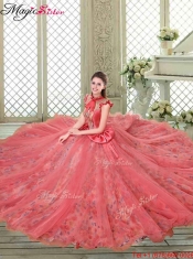 Classical High Neck Cap Sleeves Quinceanera Gowns with Bowknot