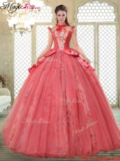 Classical High Neck Cap Sleeves Quinceanera Gowns with Bowknot