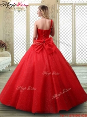 Classical One Shoulder Quinceanera Dresses with Beading in Red