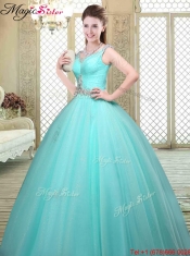 Luxurious Straps Beading Sweet 16 Dresses  in Aqua Blue