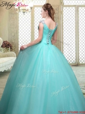 Luxurious Straps Beading Sweet 16 Dresses  in Aqua Blue